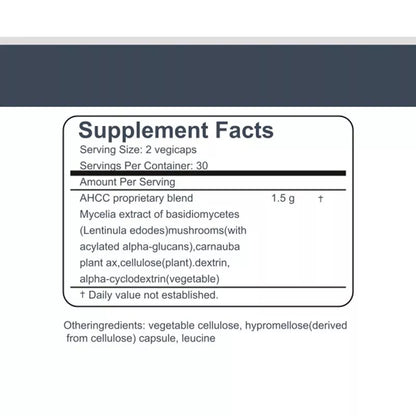 PURETREX AHCC Supplement Facts label – serving size 2 capsules, 1.5g AHCC proprietary blend, vegetarian capsules.