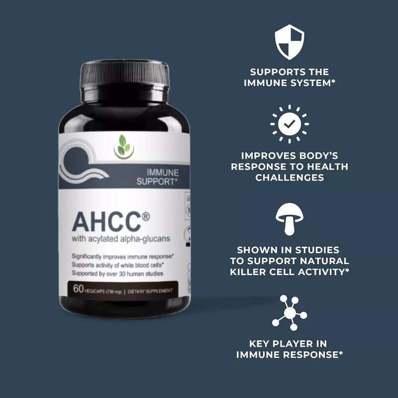 PURETREX AHCC immune support bottle with icons describing targeted support, body’s natural defenses, NK cell activity, clinical studies.