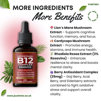Additional ingredients in Puretrex Liposomal B12 Complex including Lion’s Mane, Cordyceps, Rhodiola Rosea, and Berry Antioxidant Complex.