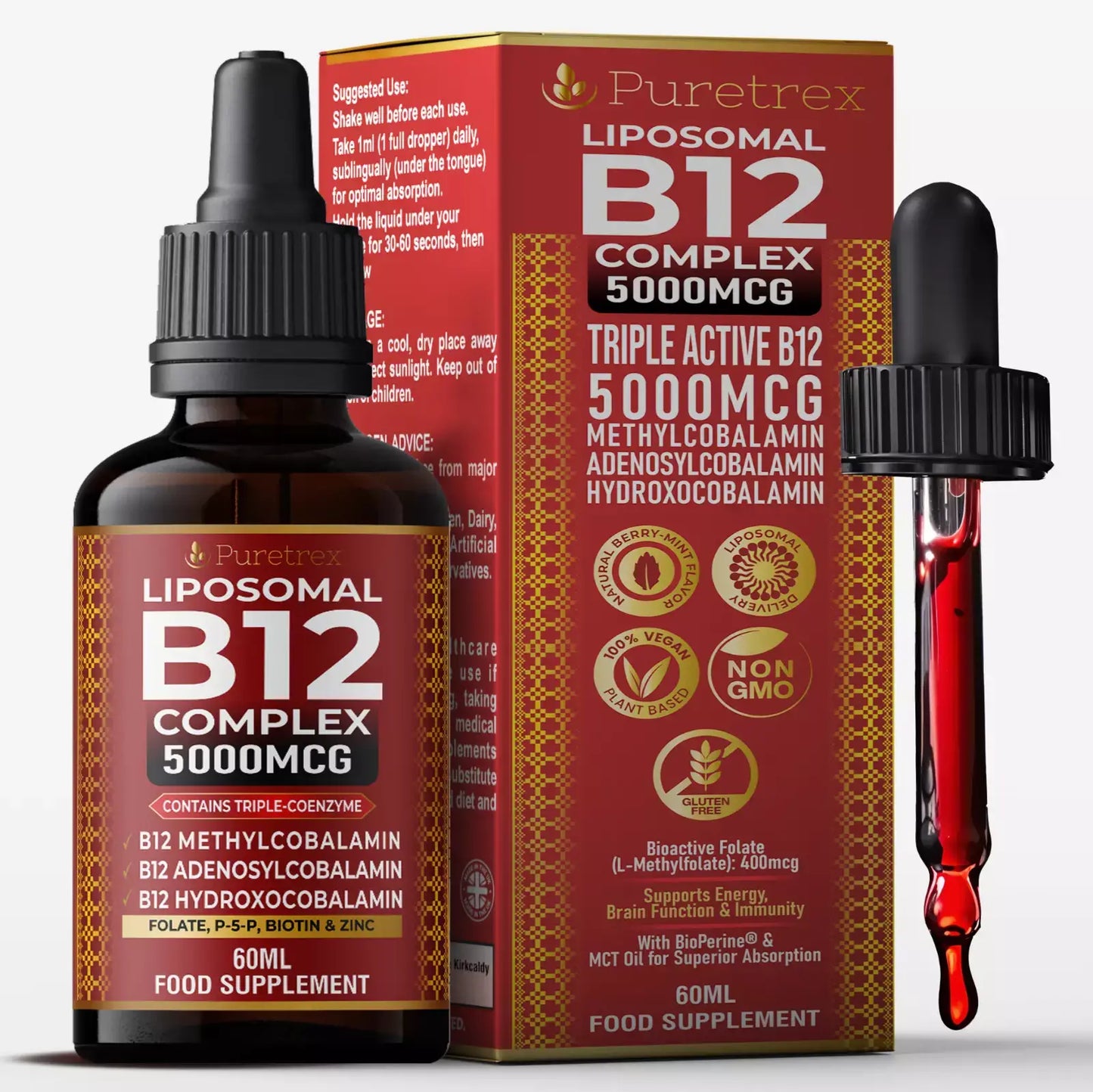 Front packaging of Puretrex Liposomal B12 Complex 5000mcg with dropper bottle.