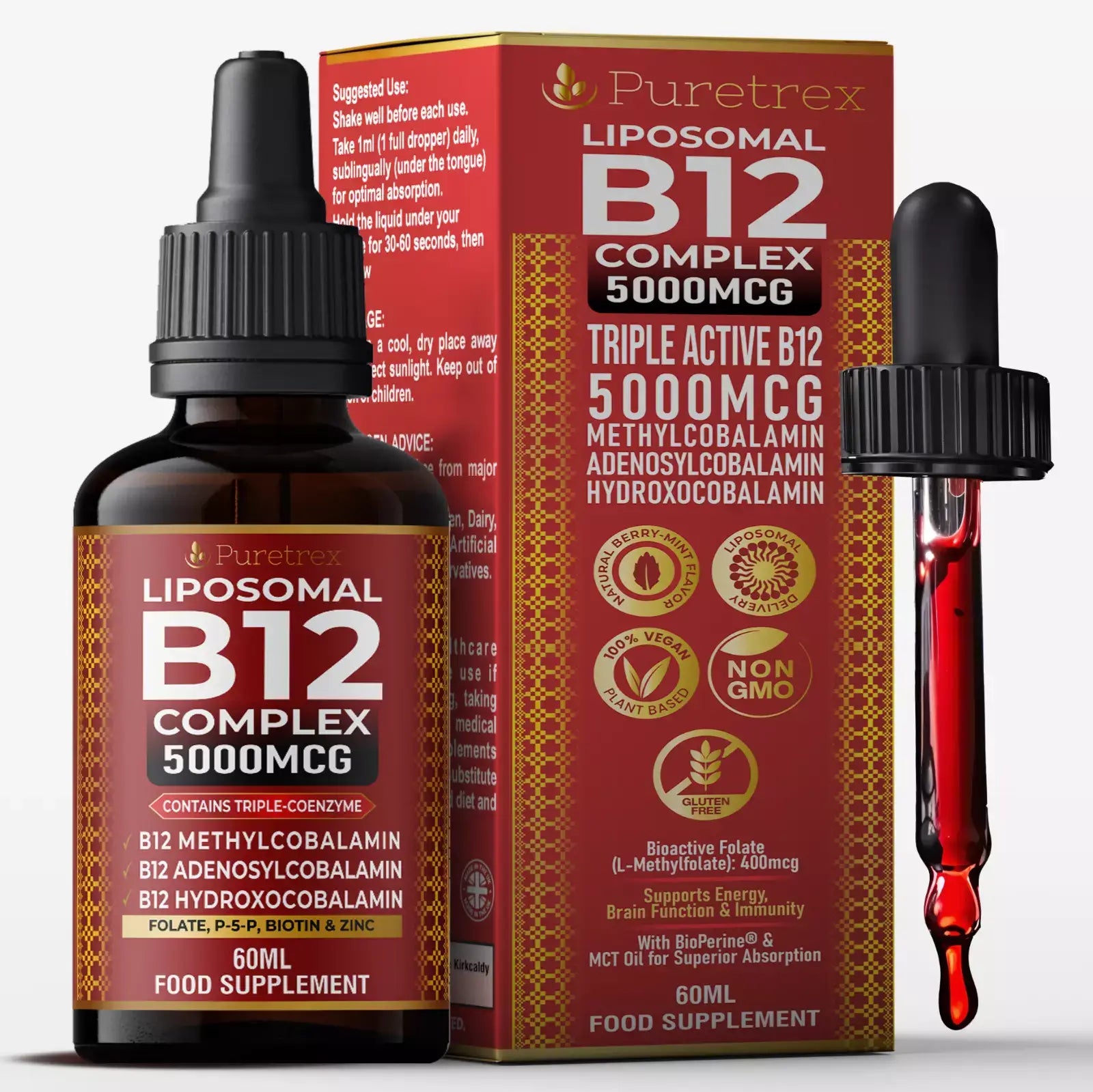 Front packaging of Puretrex Liposomal B12 Complex 5000mcg with dropper bottle.