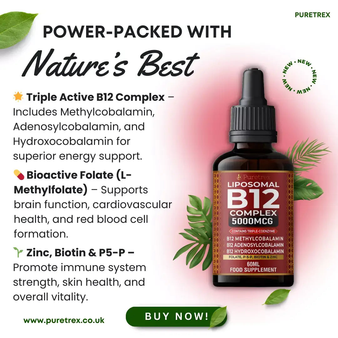 Key active ingredients in Puretrex Liposomal B12 Complex including Triple B12 blend, L-Methylfolate, Zinc, Biotin and P5-P.