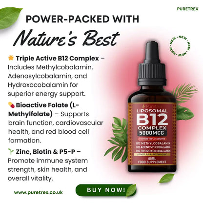 Key active ingredients in Puretrex Liposomal B12 Complex including Triple B12 blend, L-Methylfolate, Zinc, Biotin and P5-P.