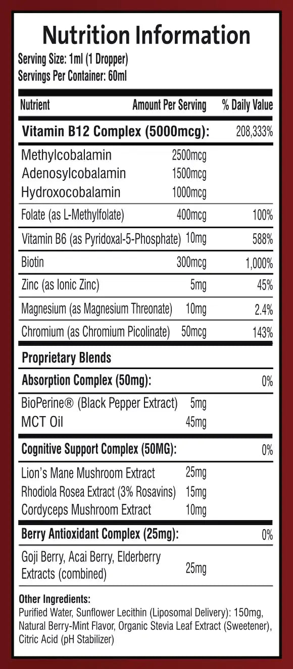 Nutrition information and full supplement facts label for Puretrex Liposomal B12 Complex.
