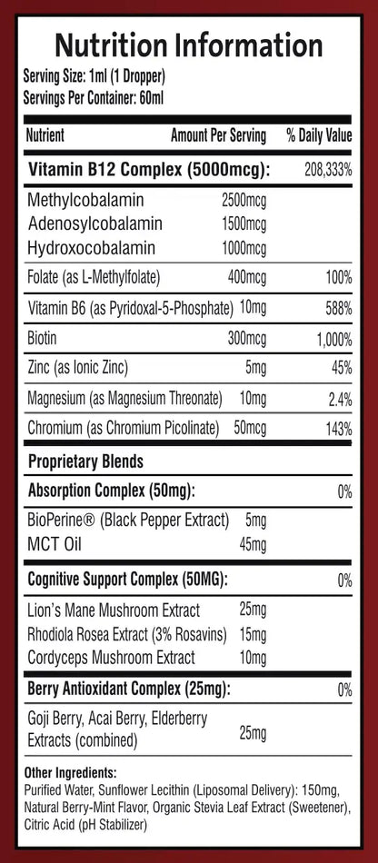 Nutrition information and full supplement facts label for Puretrex Liposomal B12 Complex.