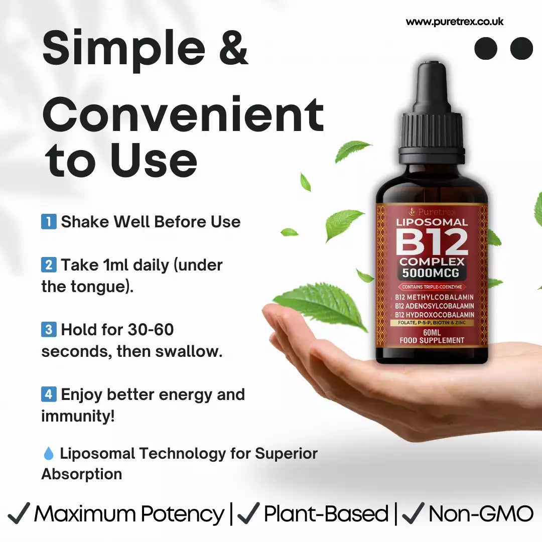 Easy-to-use instructions for Puretrex Liposomal B12 Complex with hand holding dropper bottle.