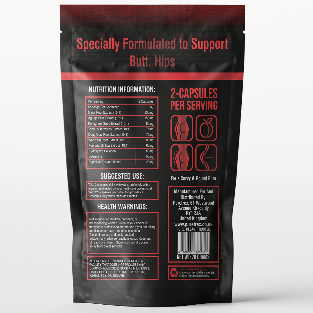 Back of PURETREX Black Maca Root Plus Extreme Curve 10,770mg pouch showing supplement facts, ingredients, dosage instructions.