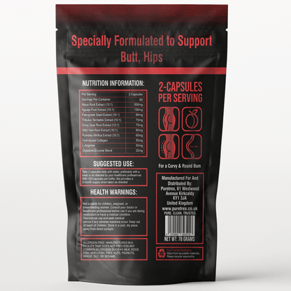 Back of PURETREX Black Maca Root Plus Extreme Curve 10,770mg pouch showing supplement facts, ingredients, dosage instructions.