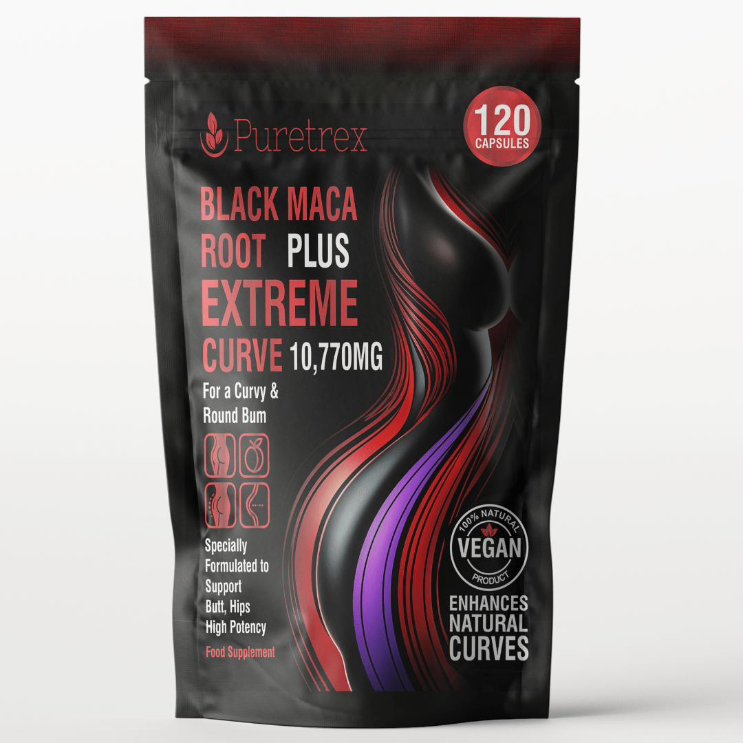 PURETREX Black Maca Root Plus Extreme Curve 10,770mg supplement pouch, 120 vegan capsules for natural curves, butt and hips support.