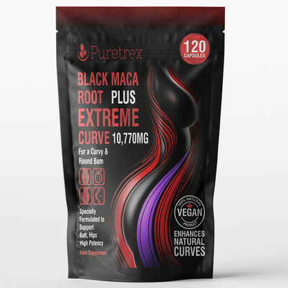 PURETREX Black Maca Root Plus Extreme Curve 10,770mg supplement pouch, 120 vegan capsules for natural curves, butt and hips support.