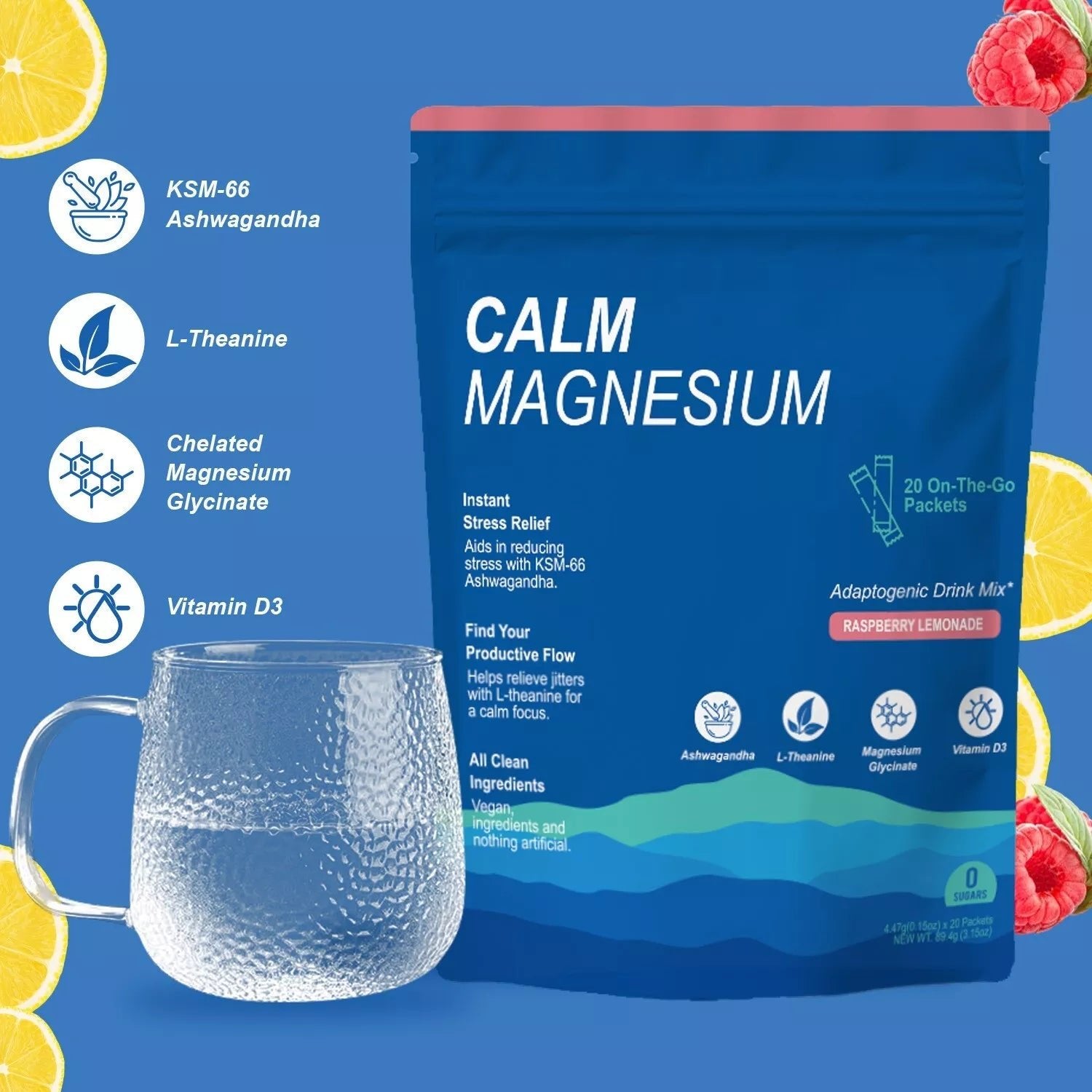 Glass of water with Puretrex Calm Magnesium packaging showing benefits – stress relief, adaptogens, L-theanine, magnesium, and vitamin B6.
