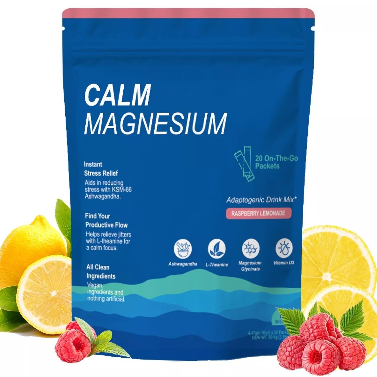 Front packaging of Puretrex Calm Magnesium Raspberry Lemonade with adaptogenic drink mix, stress relief formula, and clean ingredients.