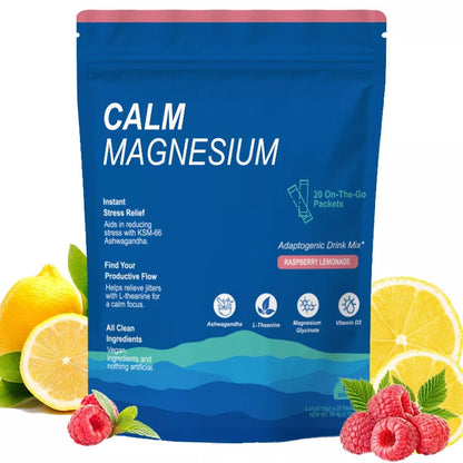 Front packaging of Puretrex Calm Magnesium Raspberry Lemonade with adaptogenic drink mix, stress relief formula, and clean ingredients.
