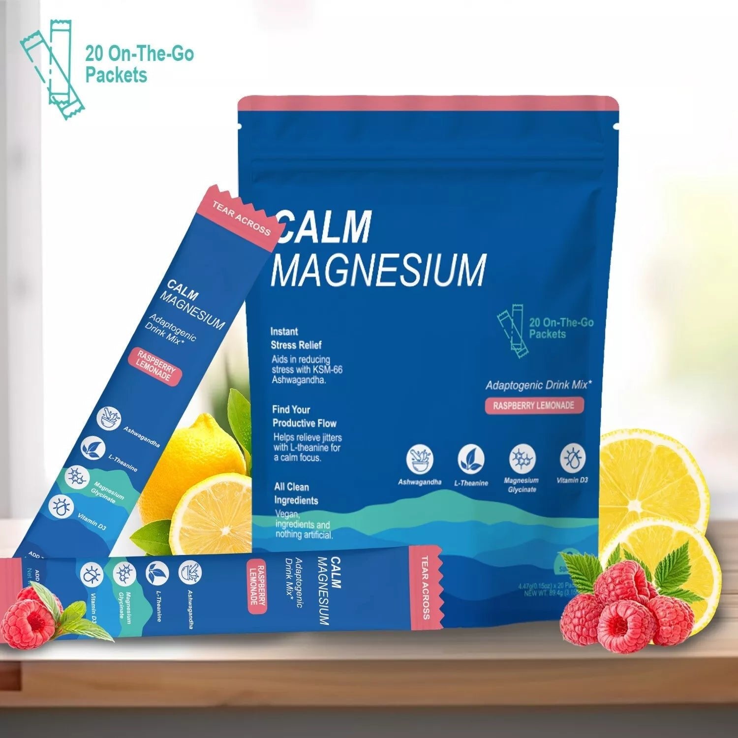 Puretrex Calm Magnesium Raspberry Lemonade on table with sachets, highlighting stress relief, energy flow support, and adaptogenic formula.