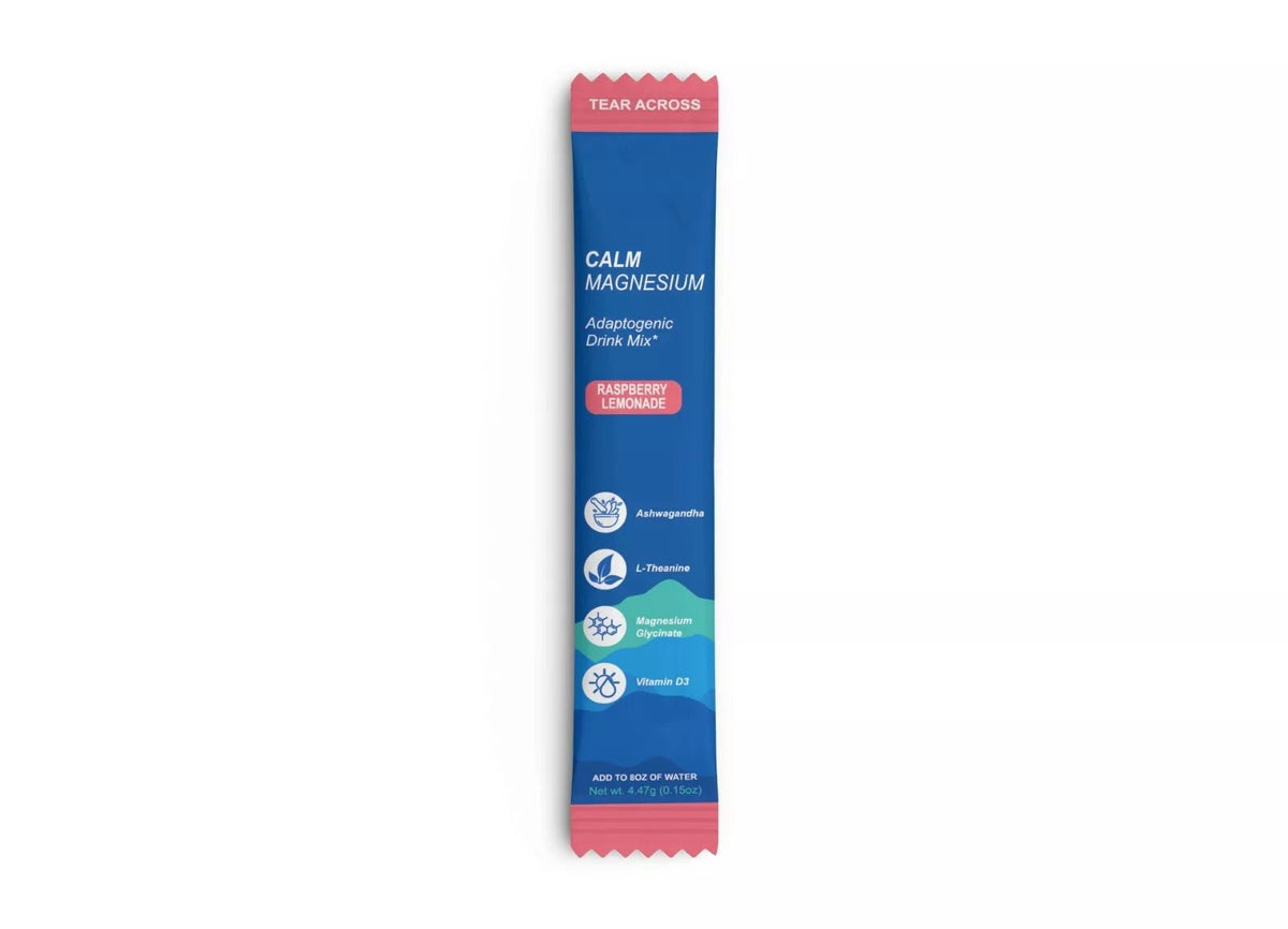 Single stick pack of Puretrex Calm Magnesium Raspberry Lemonade dietary supplement for on-the-go use.