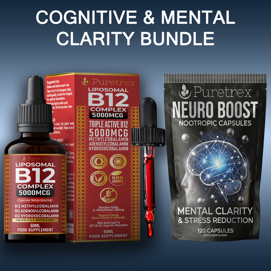 Puretrex Cognitive & Mental Clarity Bundle – Liposomal B12 Complex 5000mcg drops with methylcobalamin, adenosylcobalamin, hydroxycobalamin and Neuro Boost nootropic capsules for focus, memory, mental clarity, and stress reduction.