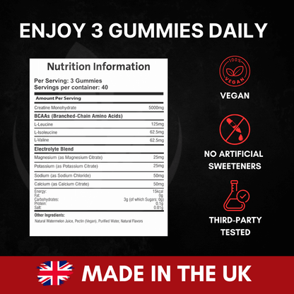 Nutrition facts panel with icons vegan, third-party tested, no artificial sweeteners.