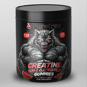 Puretrex Creatine BCAA & Electrolytes Gummies jar with wolf design, watermelon flavour, 120 gummies.