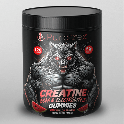 Puretrex Creatine BCAA & Electrolytes Gummies jar with wolf design, watermelon flavour, 120 gummies.
