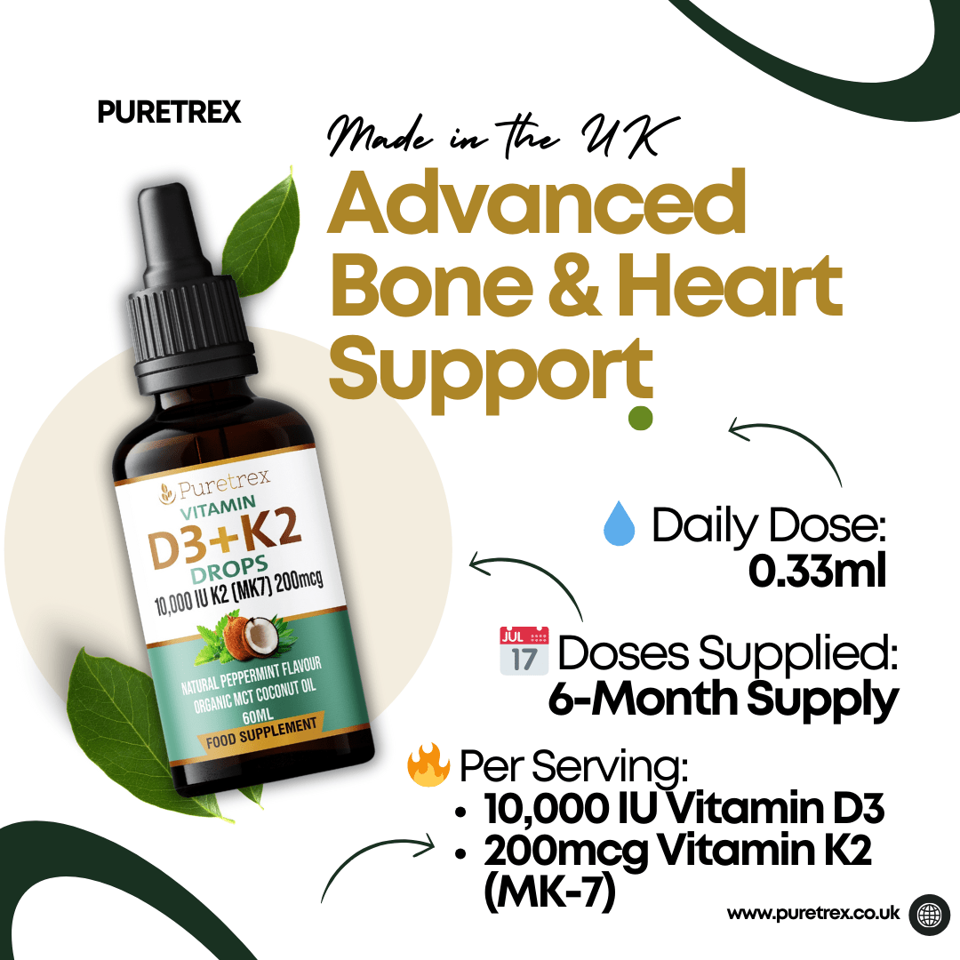 PURETREX Vitamin D3+K2 Drops graphic highlighting advanced bone and heart support with daily dose details.