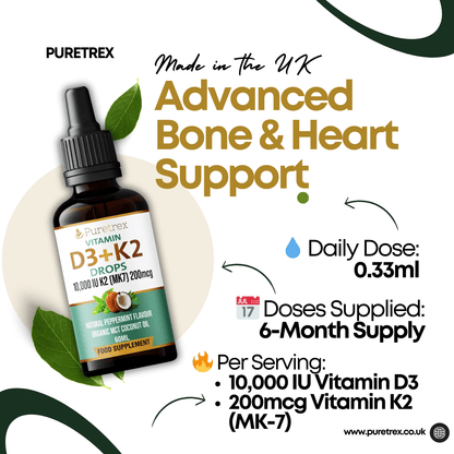 PURETREX Vitamin D3+K2 Drops graphic highlighting advanced bone and heart support with daily dose details.