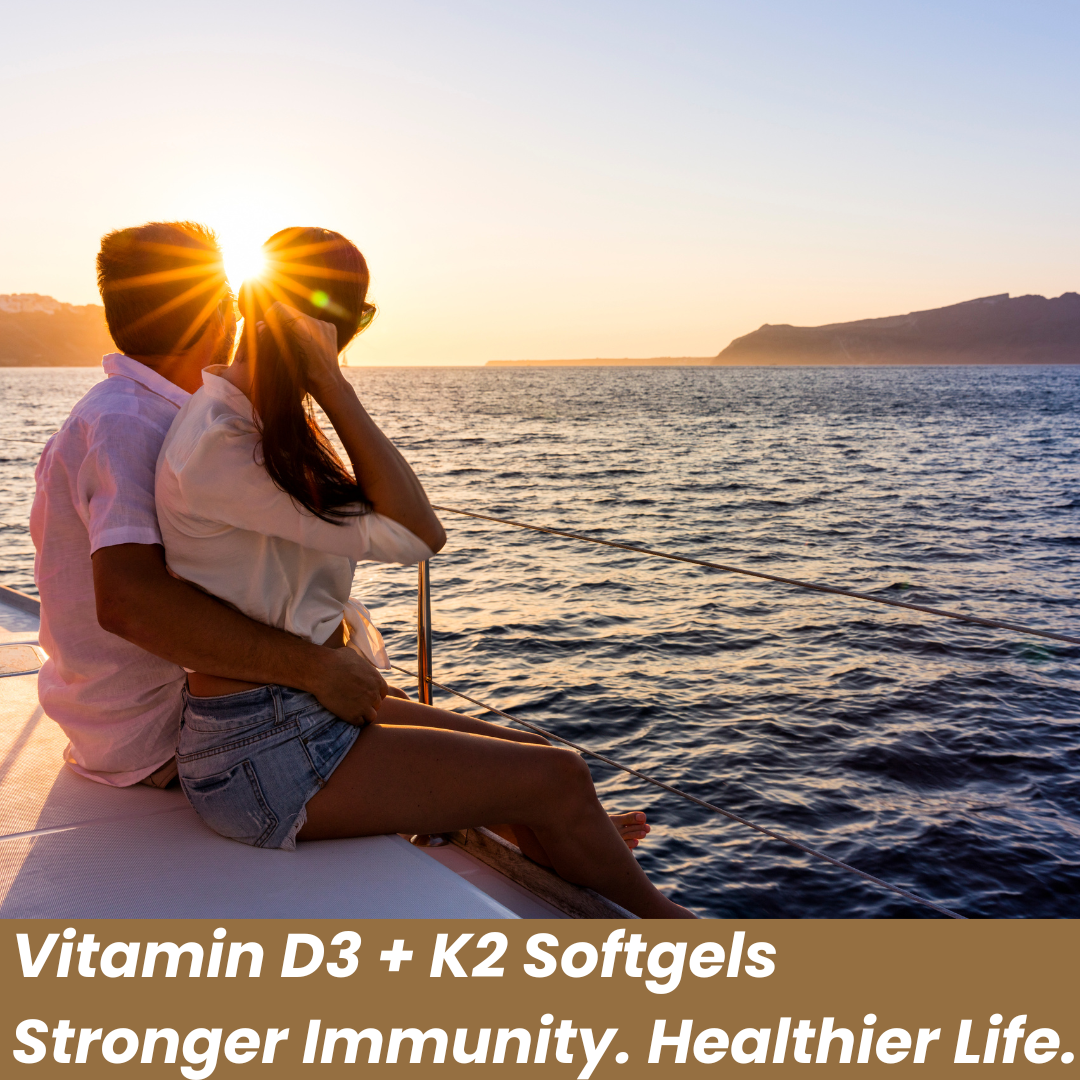Couple enjoying sunset with Puretrex Vitamin D3 + K2 softgels – stronger immunity, healthier life, natural daily wellness support.