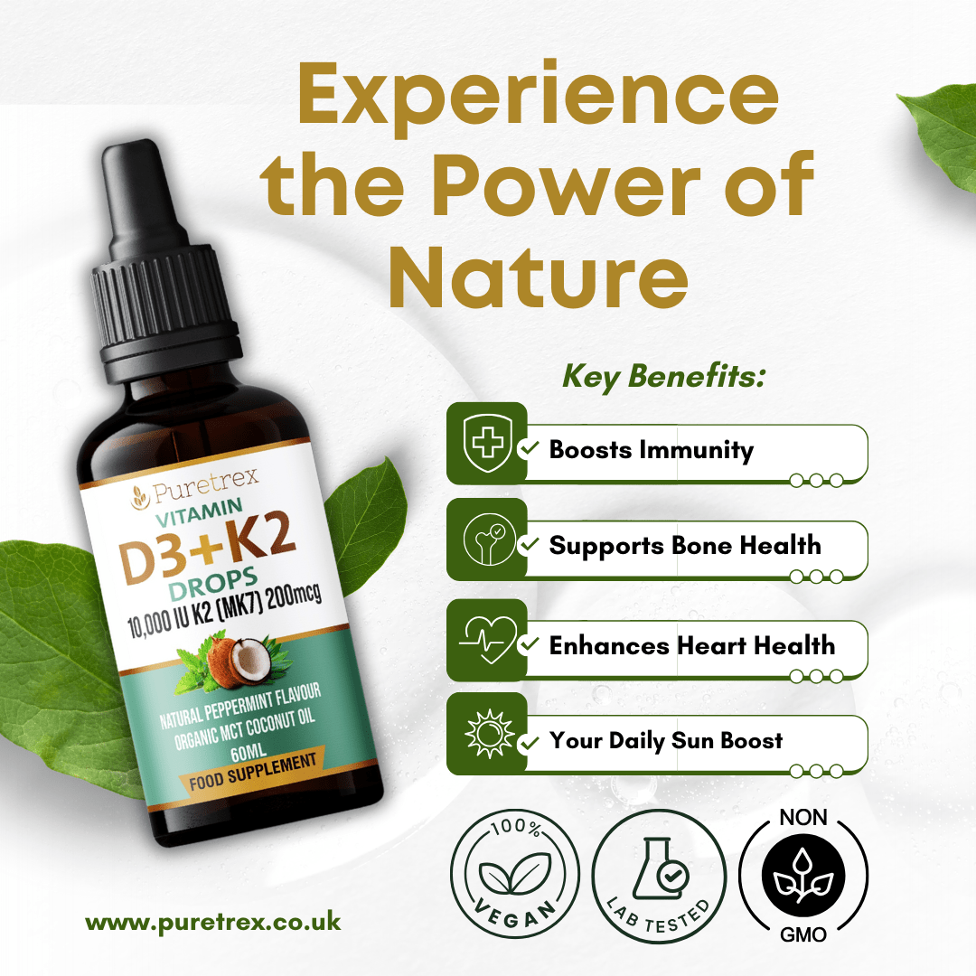 PURETREX Vitamin D3+K2 Drops promotional graphic with icons for vegan, lab-tested, and non-GMO.