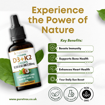 PURETREX Vitamin D3+K2 Drops promotional graphic with icons for vegan, lab-tested, and non-GMO.