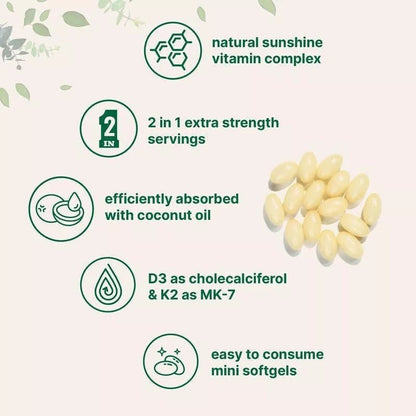 PURETREX Vitamin D3 + K2 softgels with icons highlighting natural sunshine vitamin complex, coconut oil absorption, MK-7 K2, and easy to consume mini softgels.