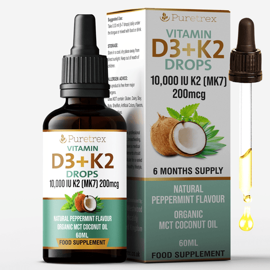 PURETREX Vitamin D3+K2 Drops bottle and box showing product packaging, flavour, and 6-month supply.