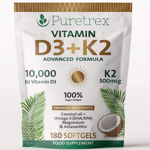 Puretrex Vitamin D3 10,000 IU with Vitamin K2 500mcg Advanced Formula – 180 vegan softgels with coconut oil, omega-3 DHA/EPA, magnesium and astaxanthin.