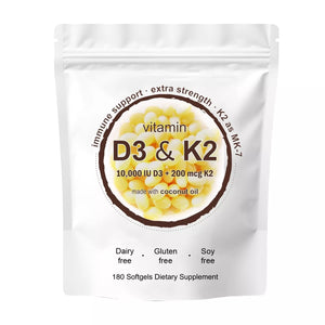 PURETREX Vitamin D3 + K2 softgels, 10,000 IU D3 and 200 mcg K2 MK-7, extra strength formula with coconut oil, 180 softgels pouch.