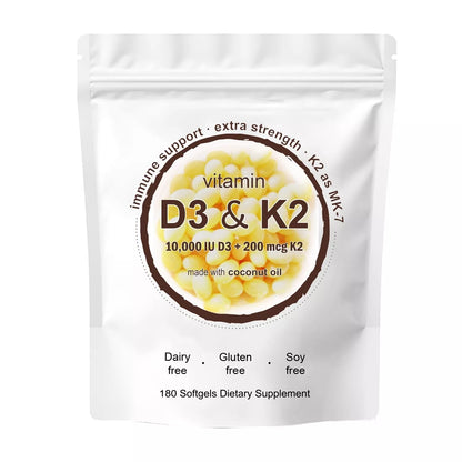 PURETREX Vitamin D3 + K2 softgels, 10,000 IU D3 and 200 mcg K2 MK-7, extra strength formula with coconut oil, 180 softgels pouch.