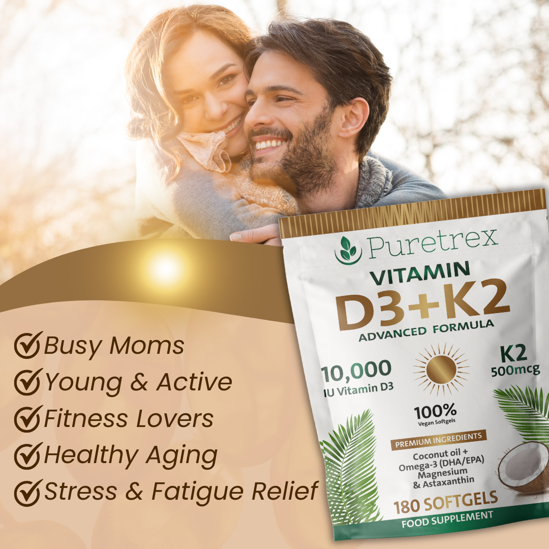 Puretrex Vitamin D3 + K2 softgels supplement for busy moms, fitness lovers, healthy aging, stress and fatigue relief – premium daily support.