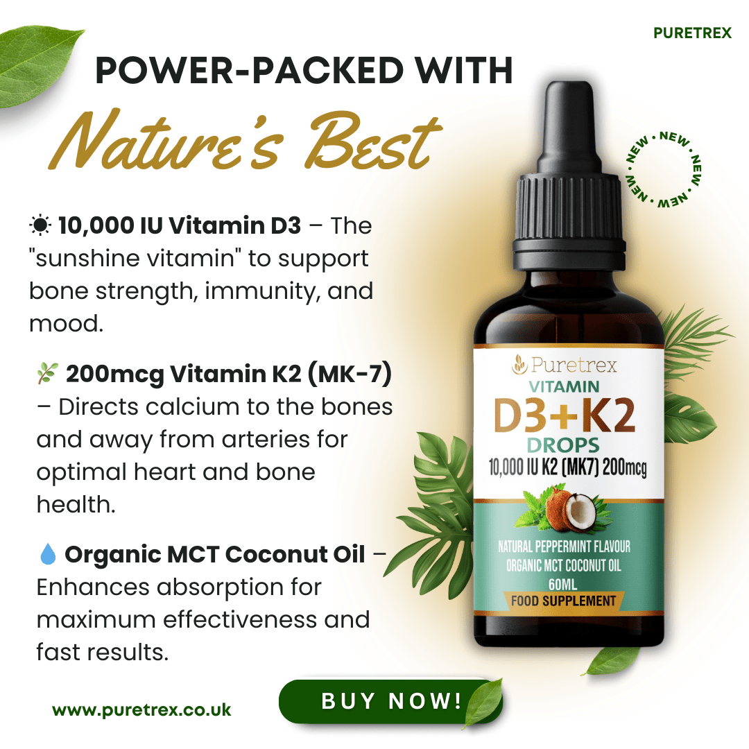 PURETREX Vitamin D3+K2 Drops image with key ingredient highlights and natural coconut oil base.
