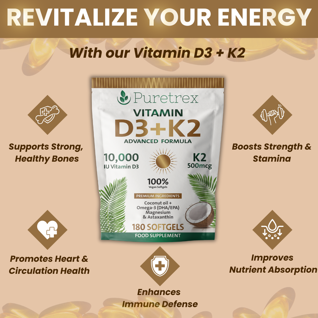 Revitalize your energy with Puretrex Vitamin D3 10,000 IU and Vitamin K2 500mcg – boosts strength, stamina and nutrient absorption.