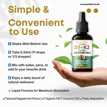 PURETREX Vitamin D3+K2 Drops instructions image showing how to use and daily dosage guidance.