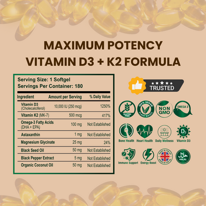 Supplement facts for Puretrex Vitamin D3 10,000 IU with Vitamin K2 500mcg – 180 vegan softgels with coconut oil, omega-3, magnesium and astaxanthin.