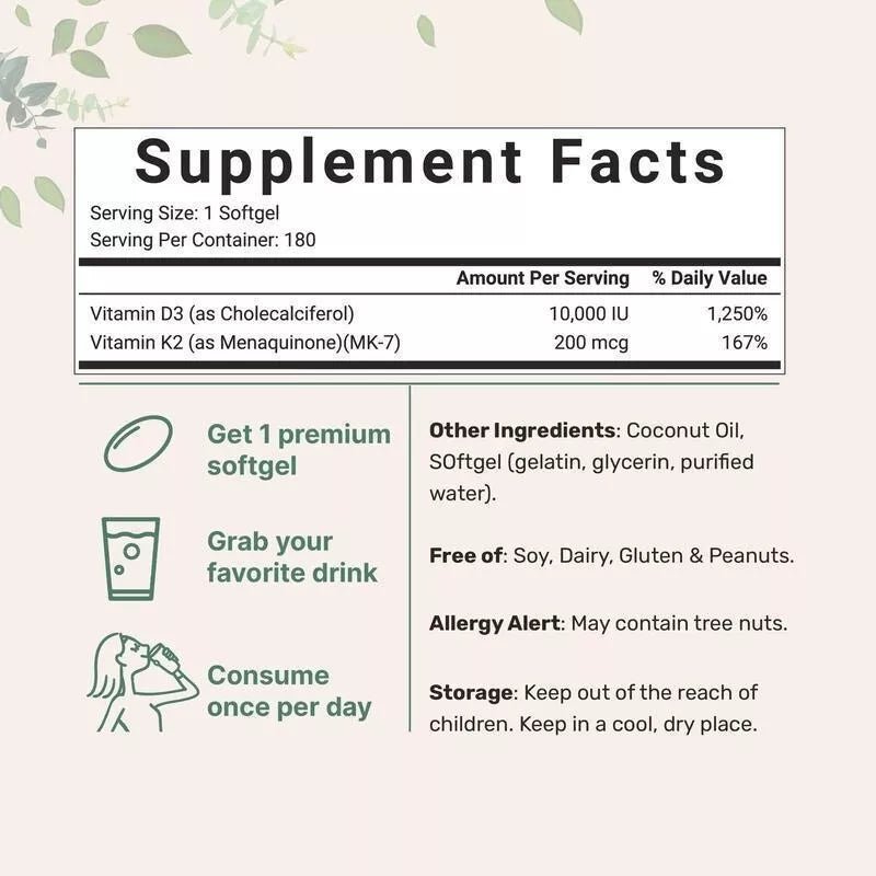 Supplement Facts panel of PURETREX Vitamin D3 + K2 softgels, with nutrition information, ingredients, and daily serving details.