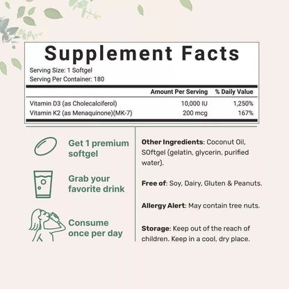 Supplement Facts panel of PURETREX Vitamin D3 + K2 softgels, with nutrition information, ingredients, and daily serving details.
