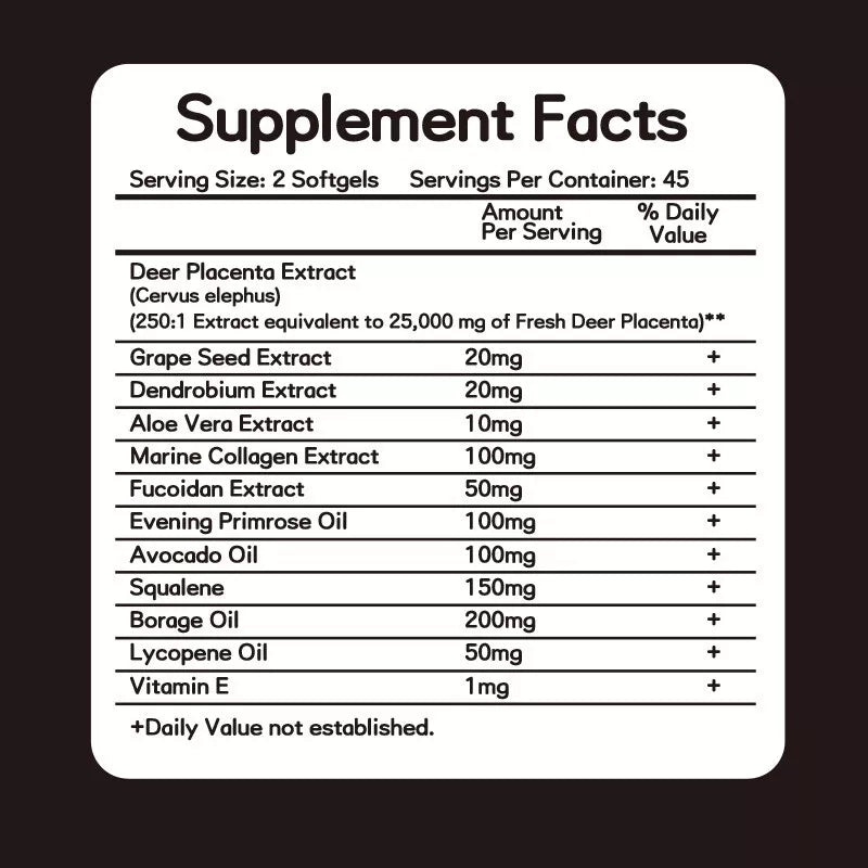 Supplement Facts for Puretrex Deer Placenta 25000mg – includes deer placenta extract, grape seed oil, avocado oil, aloe vera, and coenzyme Q10.