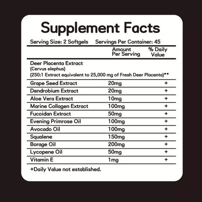 Supplement Facts for Puretrex Deer Placenta 25000mg – includes deer placenta extract, grape seed oil, avocado oil, aloe vera, and coenzyme Q10.