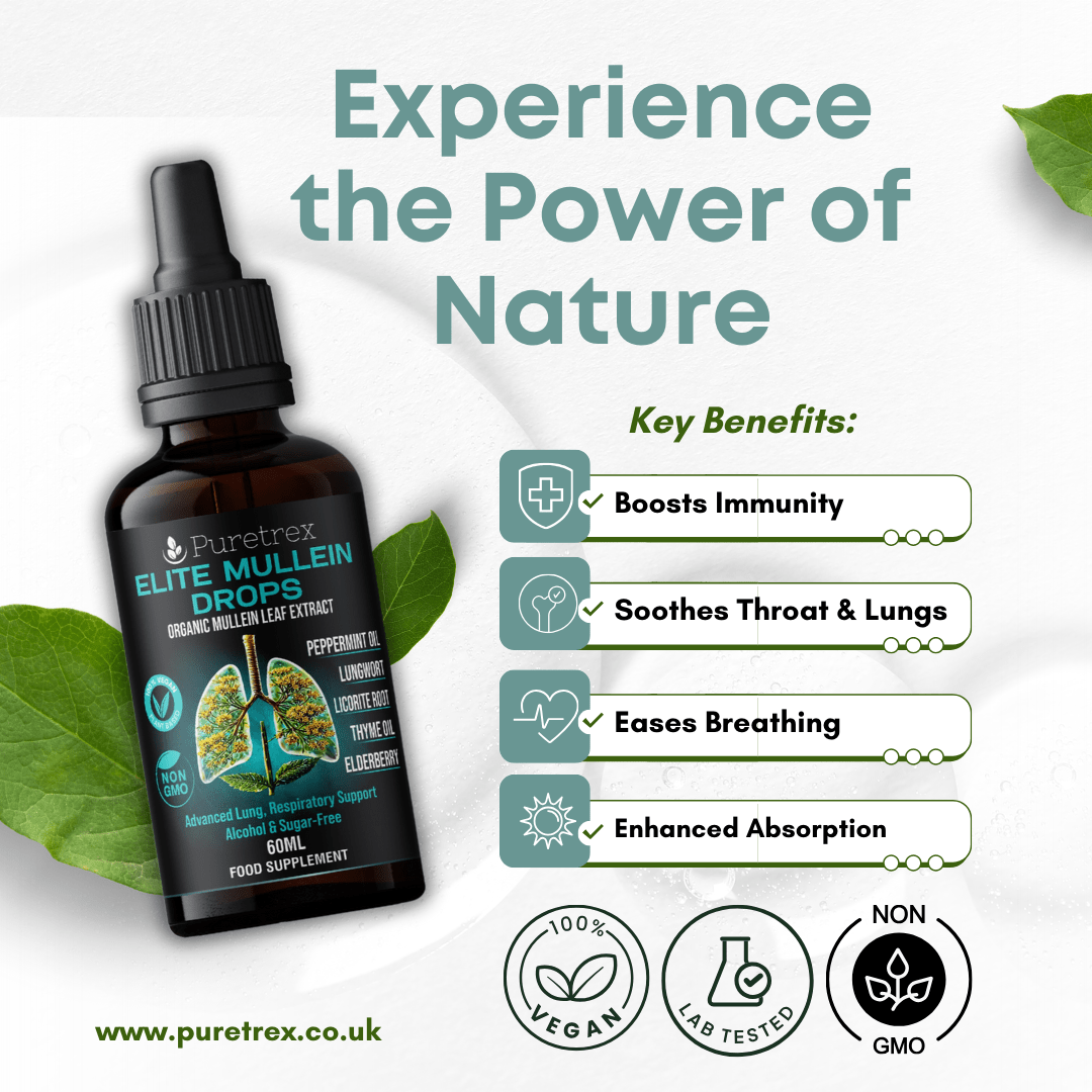 Benefits of Puretrex Elite Mullein Drops, including boosting immunity, soothing throat and lungs, easing breathing, and enhanced absorption.
