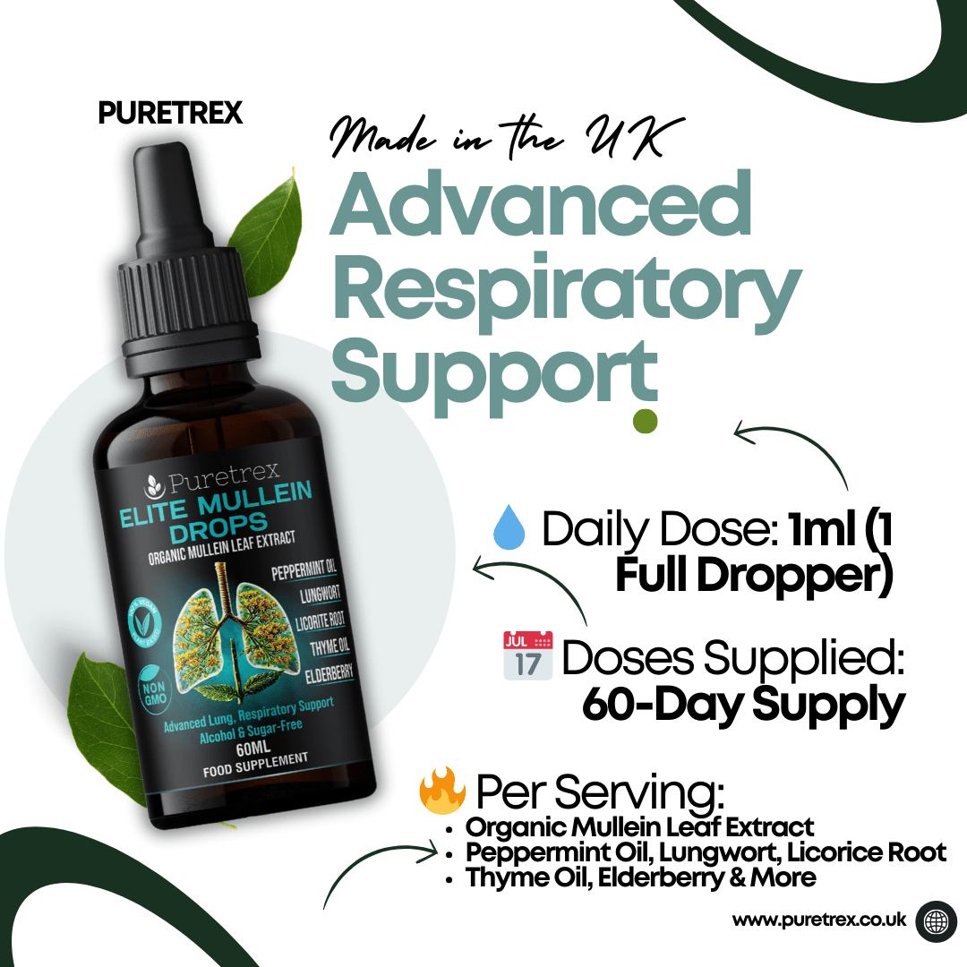 Puretrex Elite Mullein Drops dosage guide showing 1ml daily dose, 60-day supply, and natural ingredient highlights.