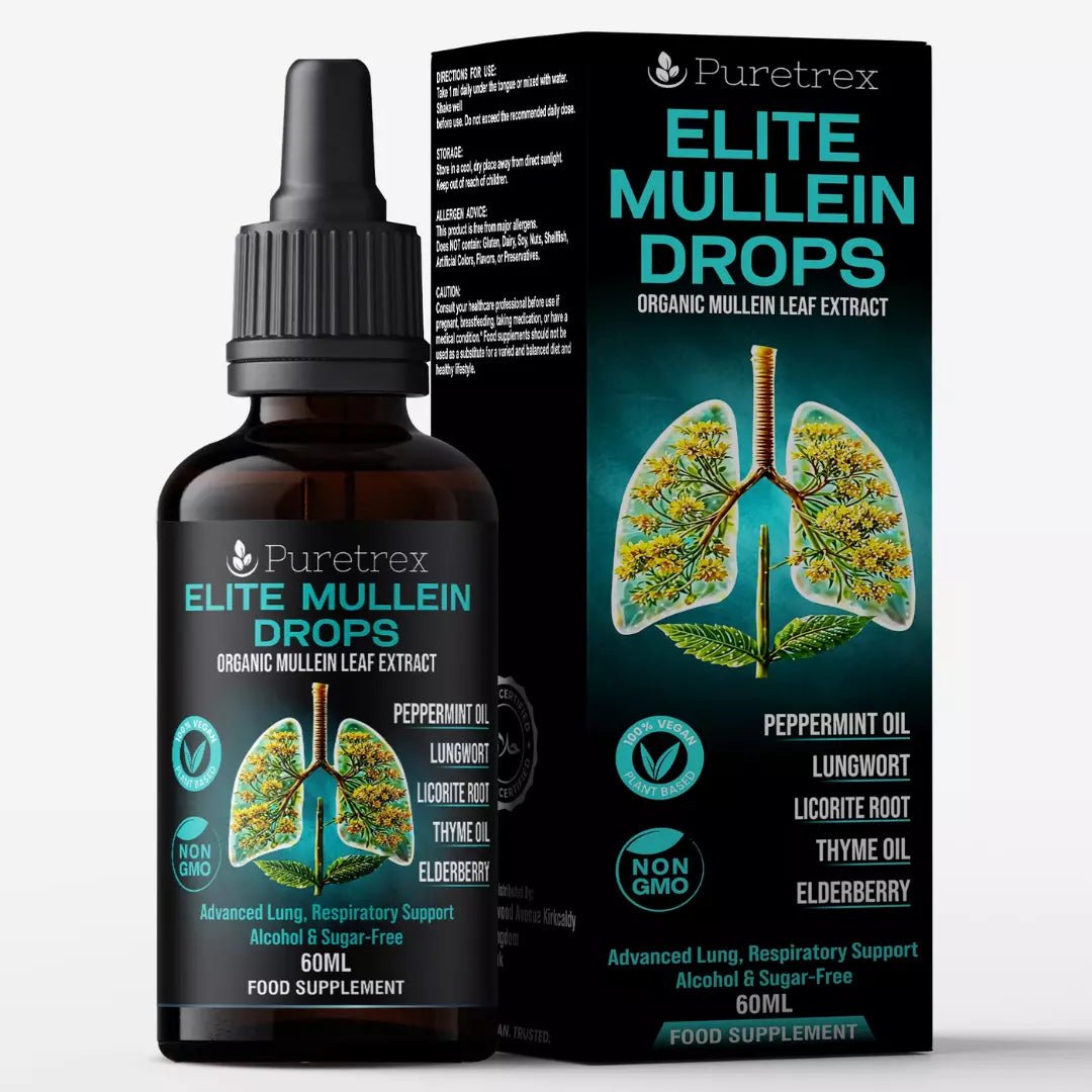 Product packaging for Puretrex Elite Mullein Drops, featuring a bottle and box with lung support design and key ingredients listed.