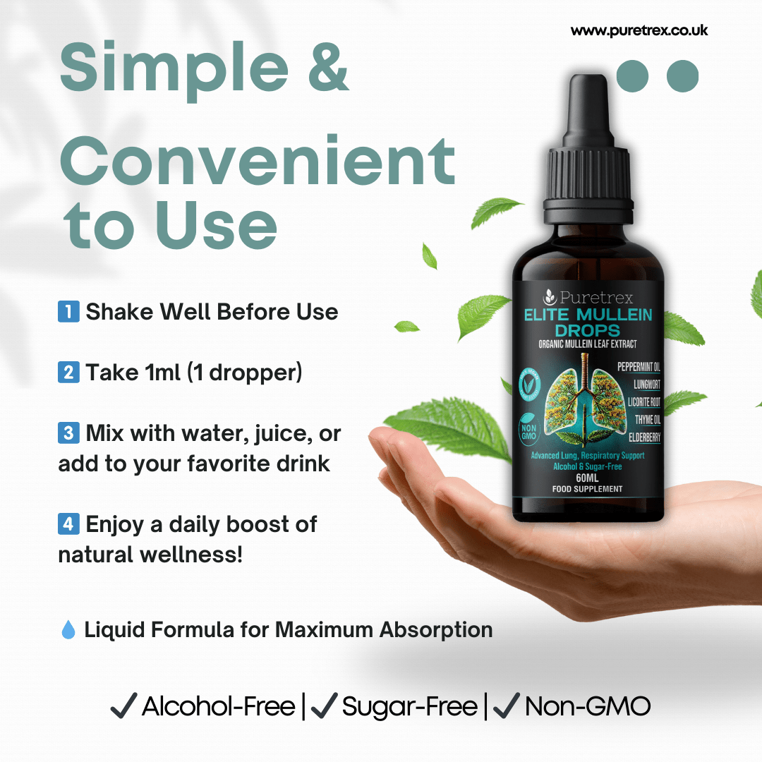 Instructions for Puretrex Elite Mullein Drops, showing shake well, take 1ml dropper, mix with drink, and enjoy daily support.