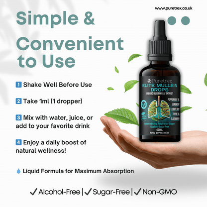 Instructions for Puretrex Elite Mullein Drops, showing shake well, take 1ml dropper, mix with drink, and enjoy daily support.