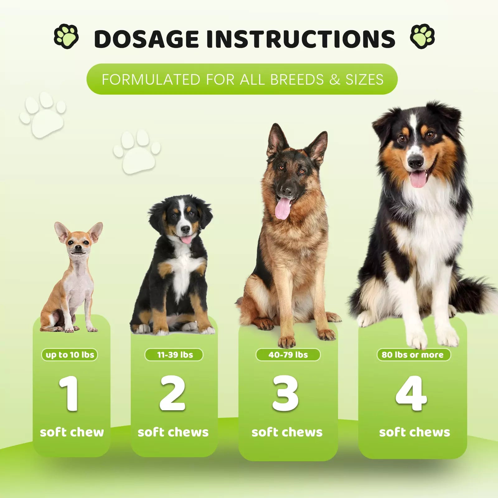 Dosage guide for PURETREX Flea & Tick Chews – 1 chew for small dogs, 2 for medium dogs, 3 for large dogs, 4 for extra-large dogs.