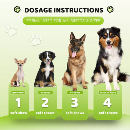 Dosage guide for PURETREX Flea & Tick Chews – 1 chew for small dogs, 2 for medium dogs, 3 for large dogs, 4 for extra-large dogs.