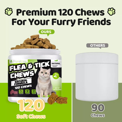 Premium PURETREX Flea & Tick Chews – 120 chews per container compared to 90 chews from other brands, natural flea and tick support for pets.